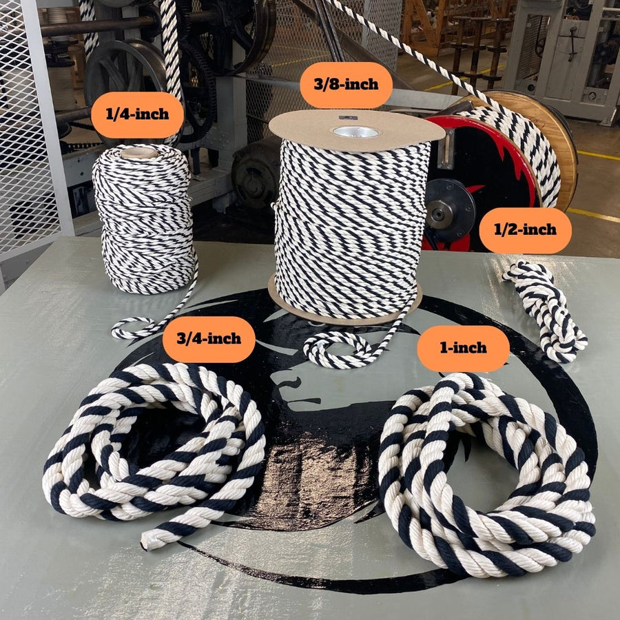 Coils of Ravenox Twisted Cotton Rope in white, black, and multiple sizes, highlighting their versatility for a variety of crafts and DIY projects. (393217081384)