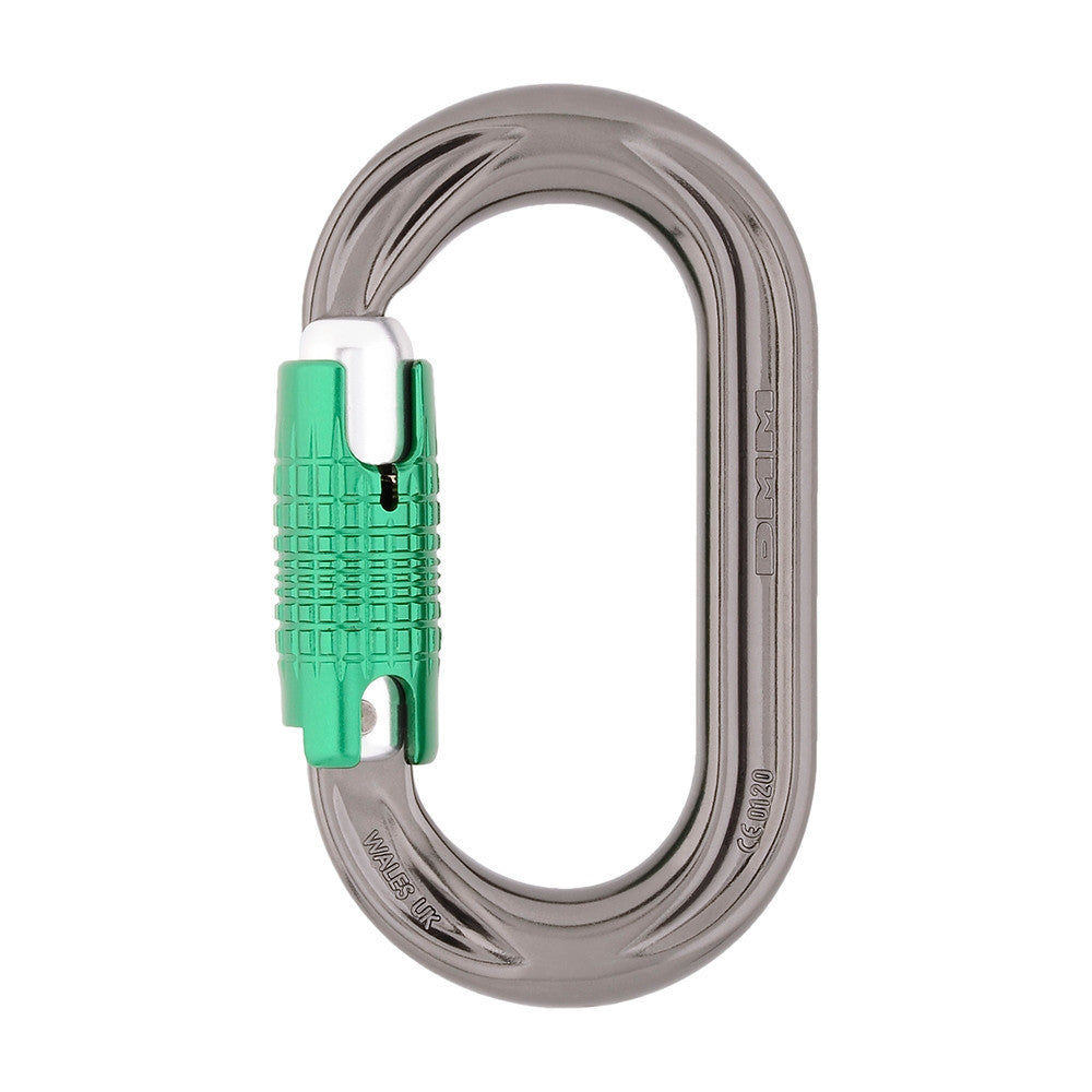 DMM PerfectO A597 Locksafe carabiner, titanium-color body with green locking sleeve