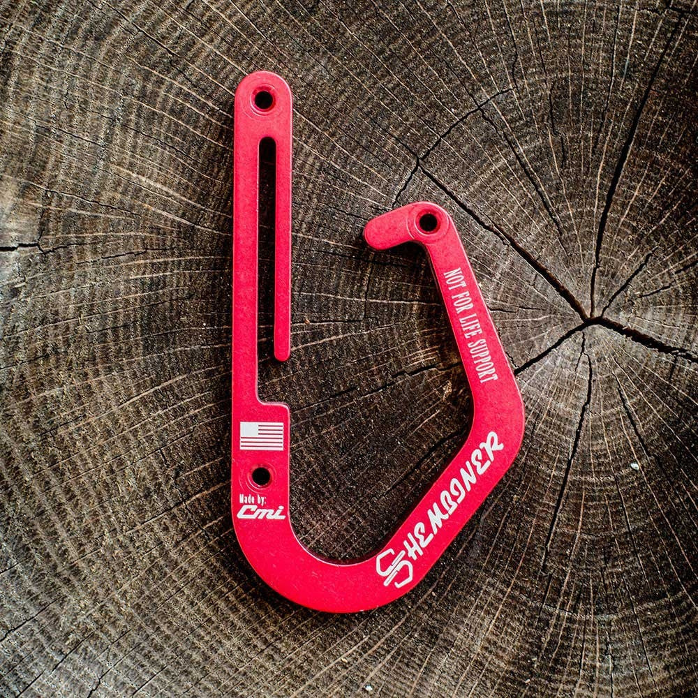 Red standard CMI Shembiner aluminum tool holder with an open hook