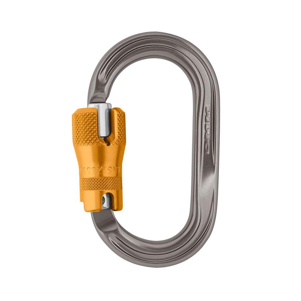 DMM AmericanO Locksafe ANSI A347ANSI oval carabiner with gray body and gold locking sleeve