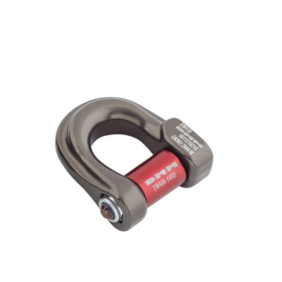 DMM SW410 Compact D Shackle in titanium color with red locking axle sleeve