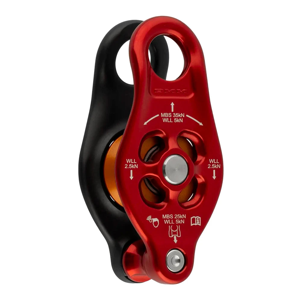 DMM PINTO 2 red pulley, PUL131, with black rear side plate and gold sheave