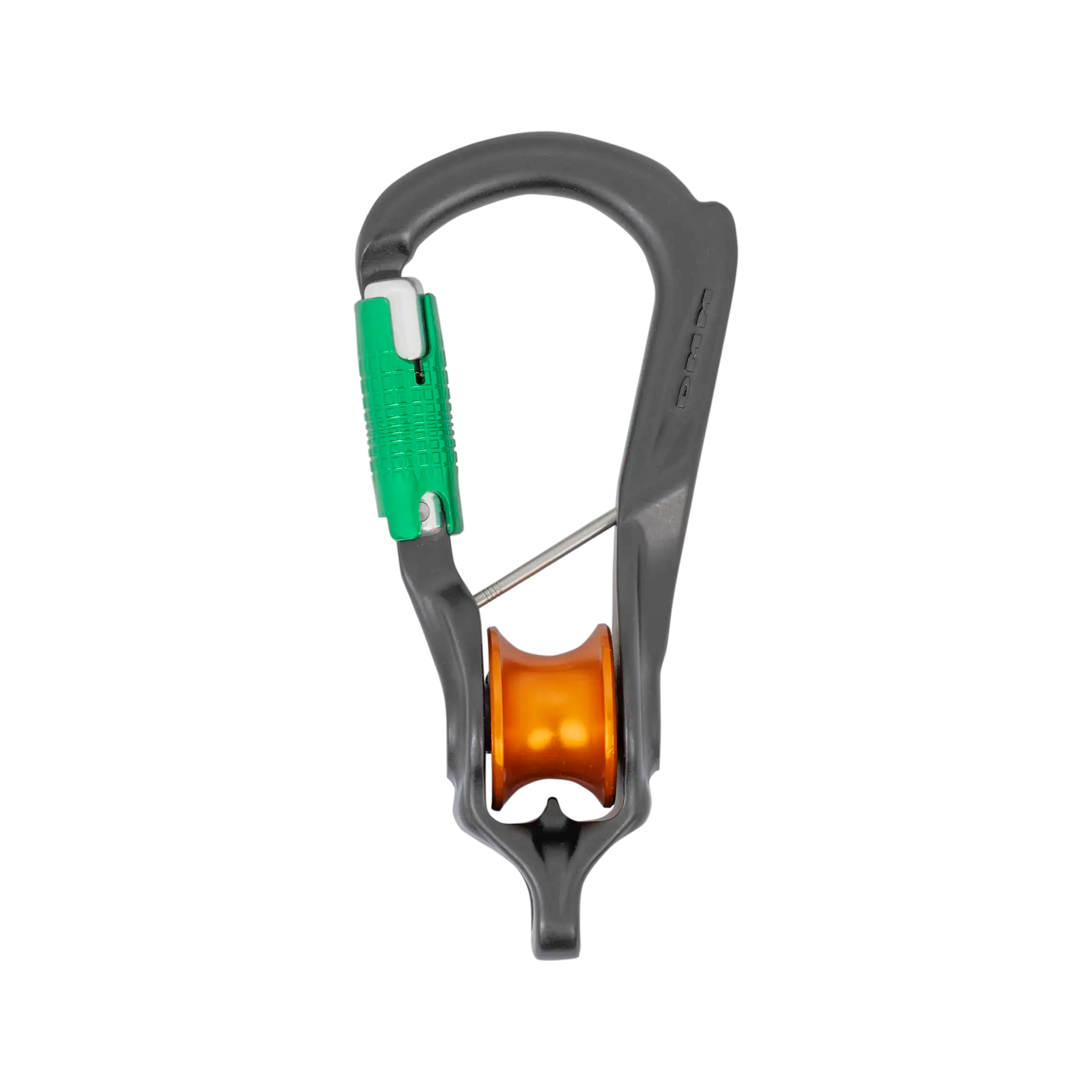 DMM Revolver Rig Locksafe single-sheave connector with green gate and orange sheave