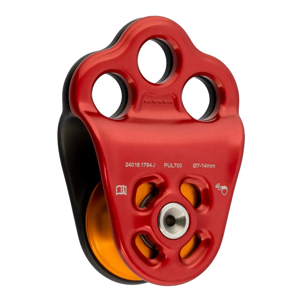 DMM Triple Attachment Pulley 2 in red, PUL700RD, with three attachment holes and gold sheave