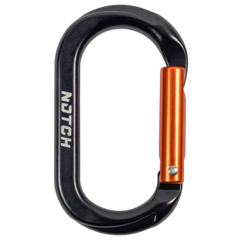Notch Micro accessory carabiner with black oval body and orange standard swing gate