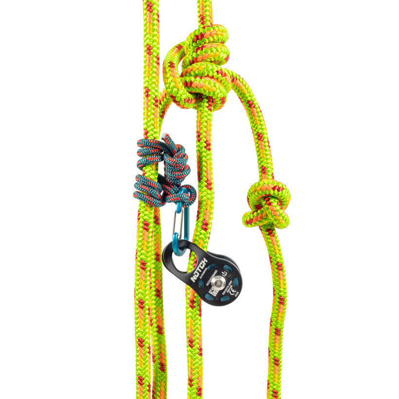 Notch Micro Pulley Combo shown installed for hitch tending on a climbing rope; main rope is not included