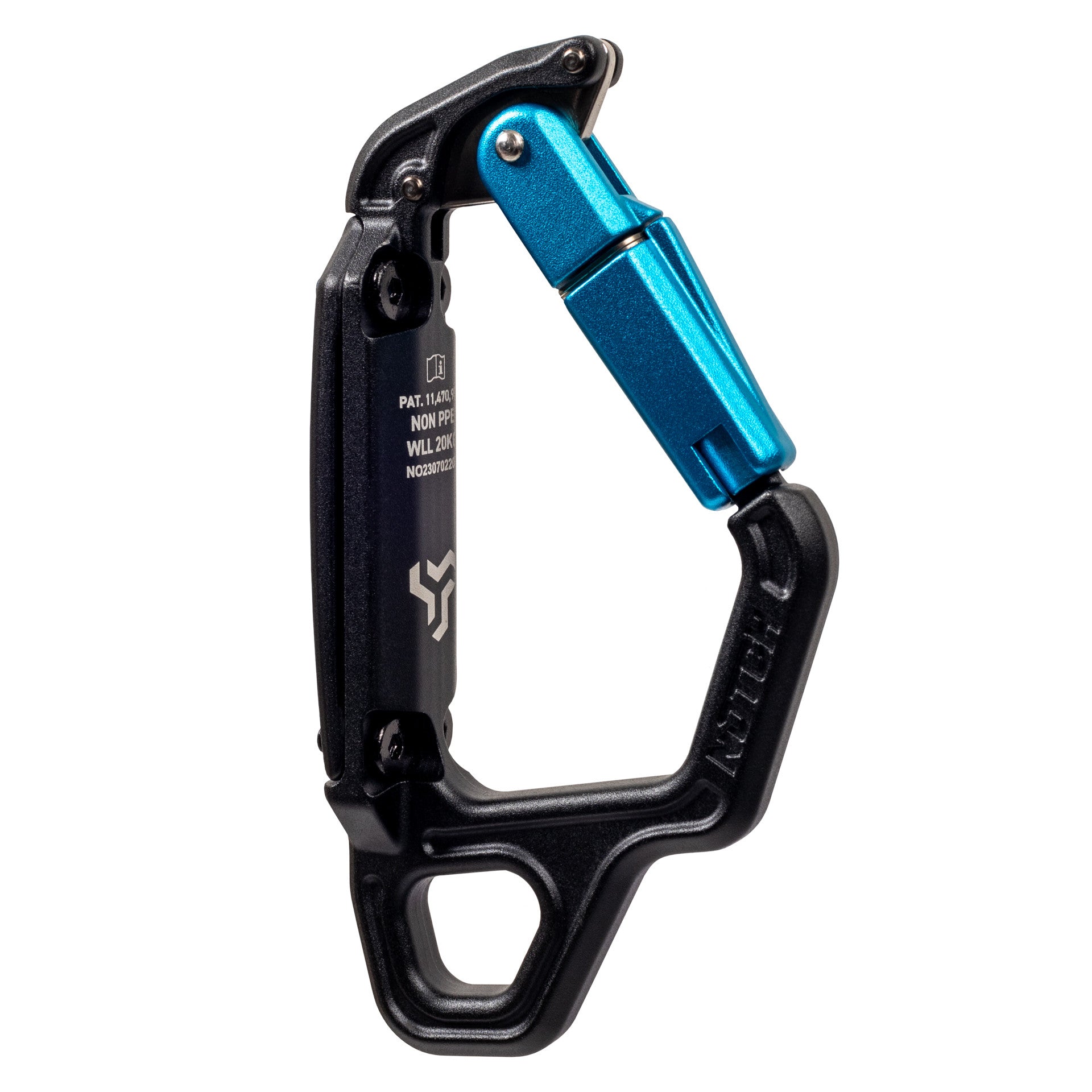 Notch Swinger tool carrier with black frame, blue locking gate, mounting backplate and lower lanyard-storage eye