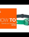 Video tutorial on how to use the PETZL ACTIK rechargeable headlamp, ideal for dynamic outdoor activities like running, trekking, and mountaineering. Shows features such as 600 lumens brightness, CORE rechargeable battery, HYBRID CONCEPT design, and red lighting mode.