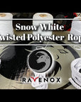 Video showcasing Ravenox twisted polyester ropes in various sizes, demonstrating versatile uses and emphasizing eco-friendly manufacturing benefits.
