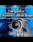 Video of Ravenox's Turquoise Twisted Cotton Rope, emphasizing its sustainable production, array of sizes, and versatile applications for both indoor and outdoor use.