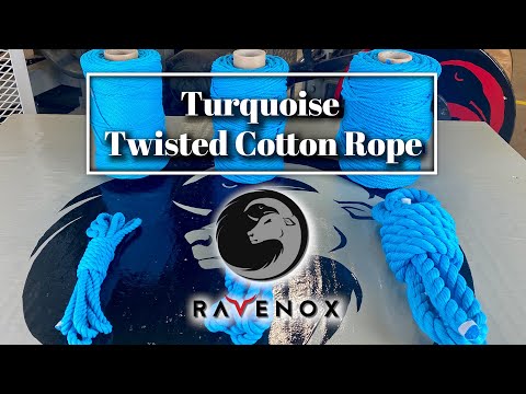 Video of Ravenox's Turquoise Twisted Cotton Rope, emphasizing its sustainable production, array of sizes, and versatile applications for both indoor and outdoor use.