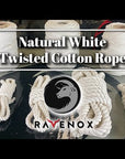 Video thumbnail featuring the Ravenox 100% Natural White Twisted Cotton Rope coiled neatly with a text overlay reading 'Detailed Review & DIY Ideas' against a light eco-friendly green backdrop.