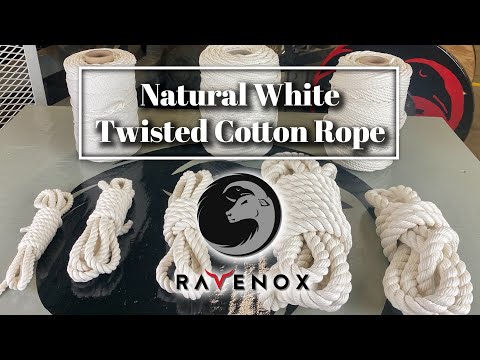 Video thumbnail featuring the Ravenox 100% Natural White Twisted Cotton Rope coiled neatly with a text overlay reading 'Detailed Review & DIY Ideas' against a light eco-friendly green backdrop.
