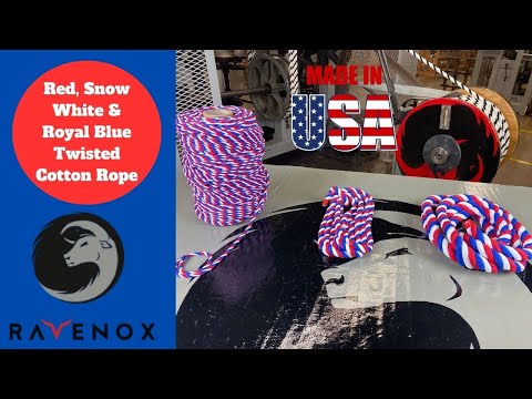 Ravenox Red, White, and Blue Combo Twisted Cotton Rope video displaying various rope sizes. Ideal for patriotic crafts, DIY projects, and event decor. Made in the USA with premium quality cotton.