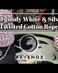 Video showcasing Ravenox's Burgundy Silver White twisted cotton rope, highlighting varying sizes, ideal uses for décor and projects, and its sustainable, eco-friendly properties.