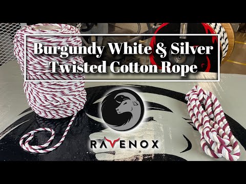 Video showcasing Ravenox's Burgundy Silver White twisted cotton rope, highlighting varying sizes, ideal uses for décor and projects, and its sustainable, eco-friendly properties.