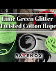 Video of Ravenox's Lime Green Glitter twisted cotton rope, emphasizing its range of sizes, diverse applications, and commitment to eco-friendly, sustainable manufacturing.