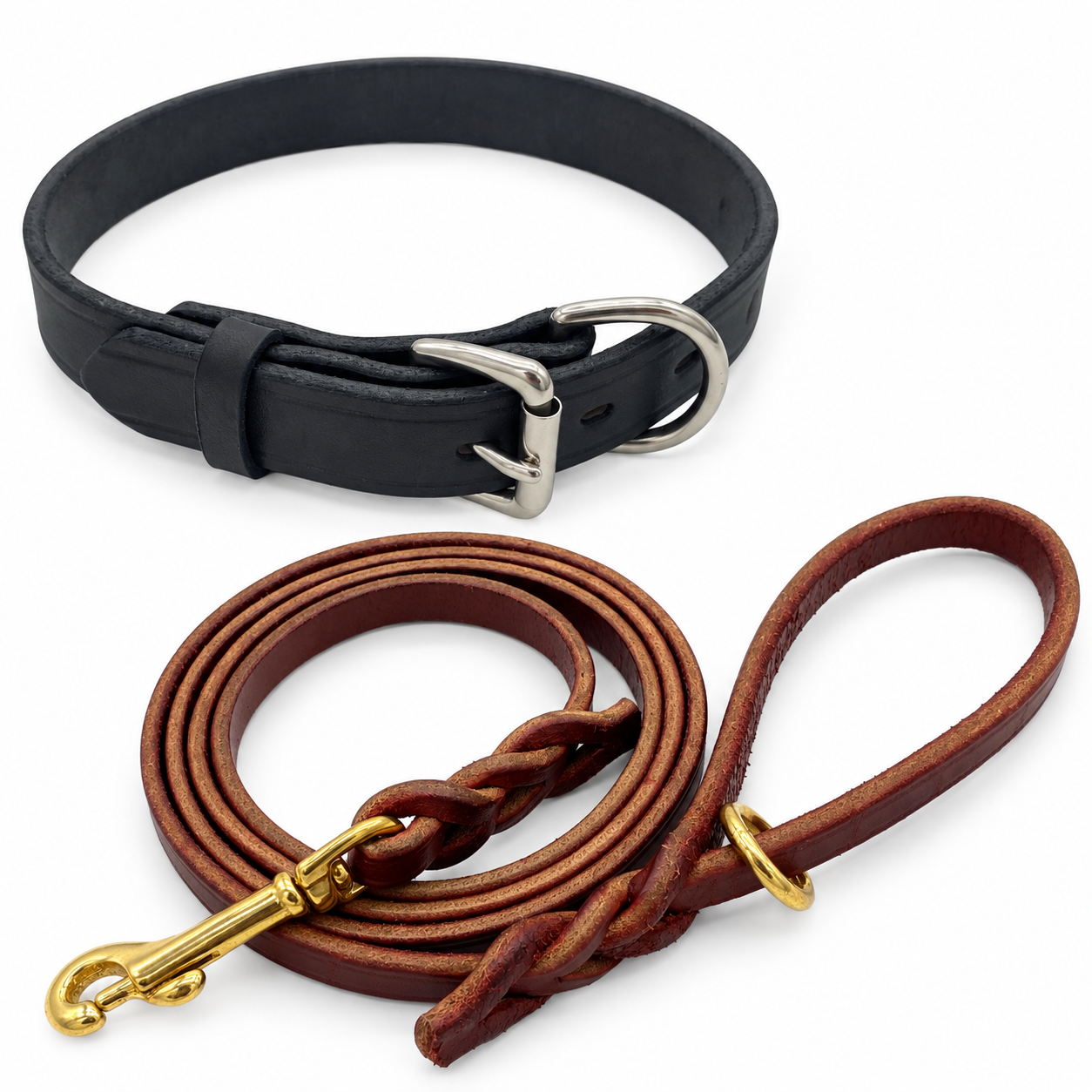 One black leather dog collar and one burgundy 1/2-inch by 6-foot leash. Representative Large collar pictured; collar width and hardware details vary by selected size.