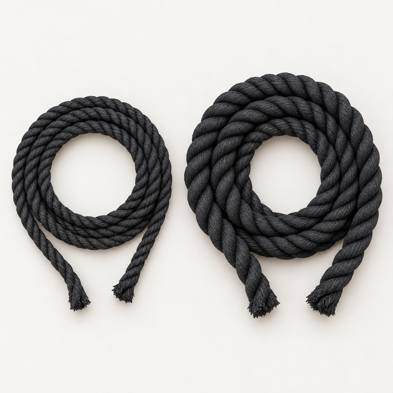 Illustrative loose coils of black three-strand twisted cotton rope in 1/4-inch and 1/2-inch diameters; bundle includes one 10-foot cut of each. Arrangement is illustrative, not a measured-length or packaging photograph.