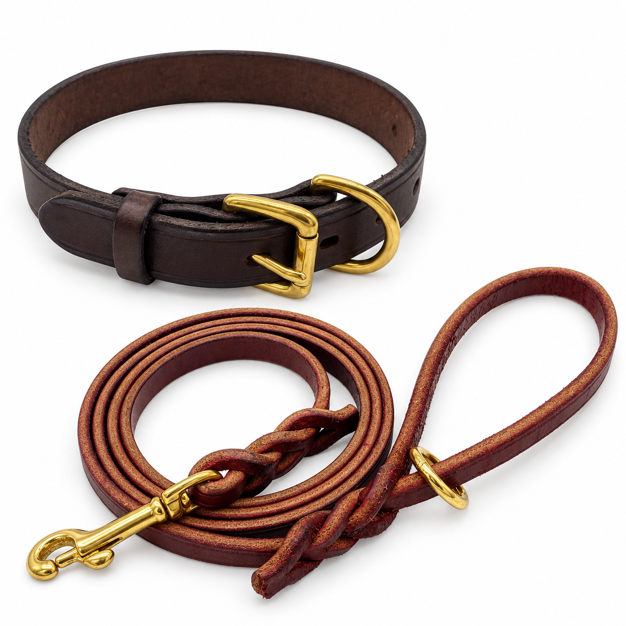 One brown leather dog collar and one burgundy 1/2-inch by 6-foot leash. Representative Large collar pictured; collar width and hardware details vary by selected size.