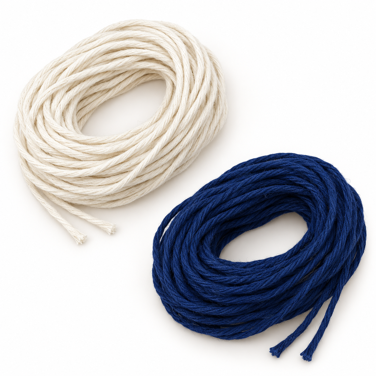 Illustrative loose coils of natural white and navy single-strand cotton cord; bundle includes one 3 mm by 16-yard cut of each color. Coiled arrangement is illustrative, not a measured-length or packaging photograph.