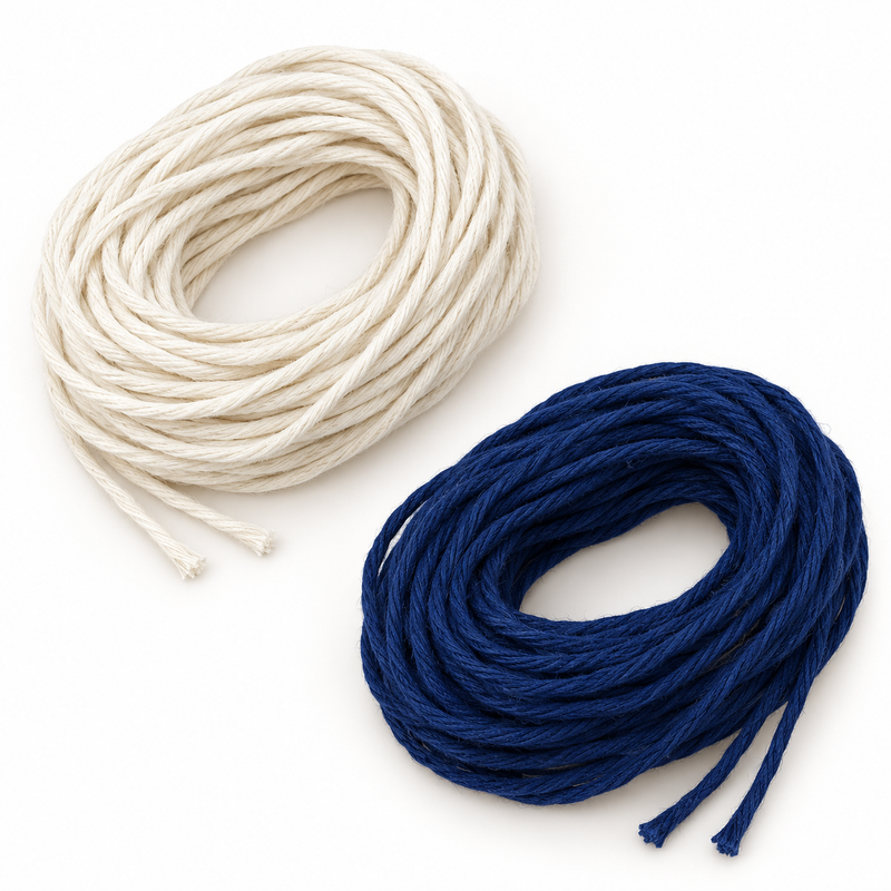 Illustrative loose coils of natural white and navy single-strand cotton cord; bundle includes one 3 mm by 16-yard cut of each color. Coiled arrangement is illustrative, not a measured-length or packaging photograph.