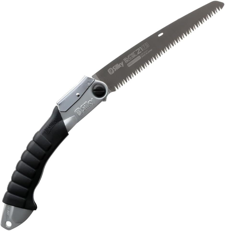 Complete Silky Super Accel 210 folding saw with straight blade, silver aluminum frame and black rubber grip