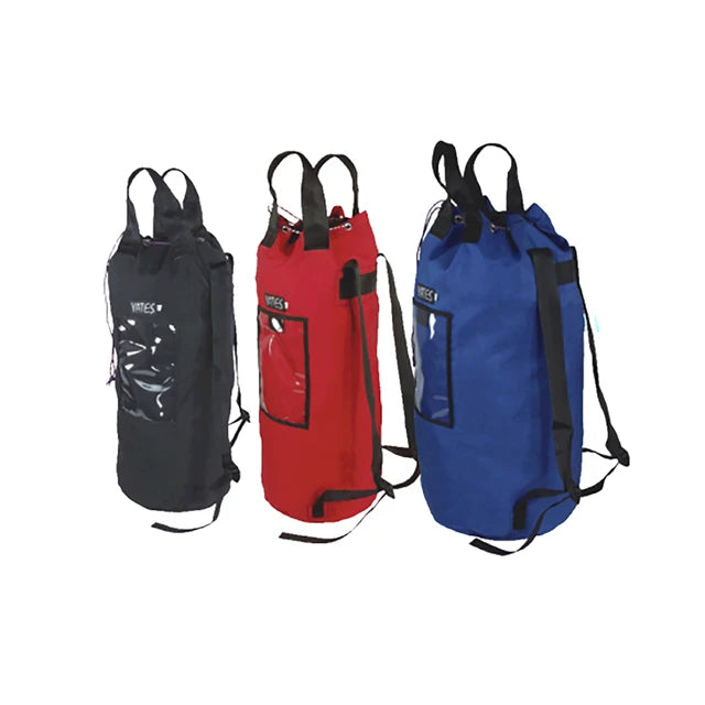 Yates bucket-style rope bags with shoulder straps shown in black, red and blue; each sold separately