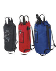 Yates bucket-style rope bags with shoulder straps shown in black, red and blue; each sold separately