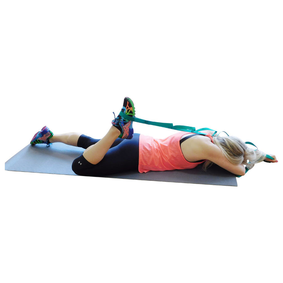 Ravenox Yoga Strap for Stretching and Flexibility in Green Being Used by Fitness Woman Laying Facedown on Yoga Mat  (683212609)